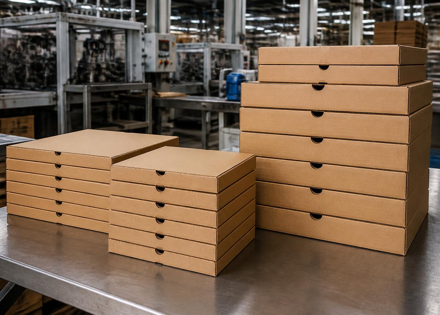 Pilhas de caixas de pizza de papelão kraft em diferentes tamanhos sobre bancada de aço