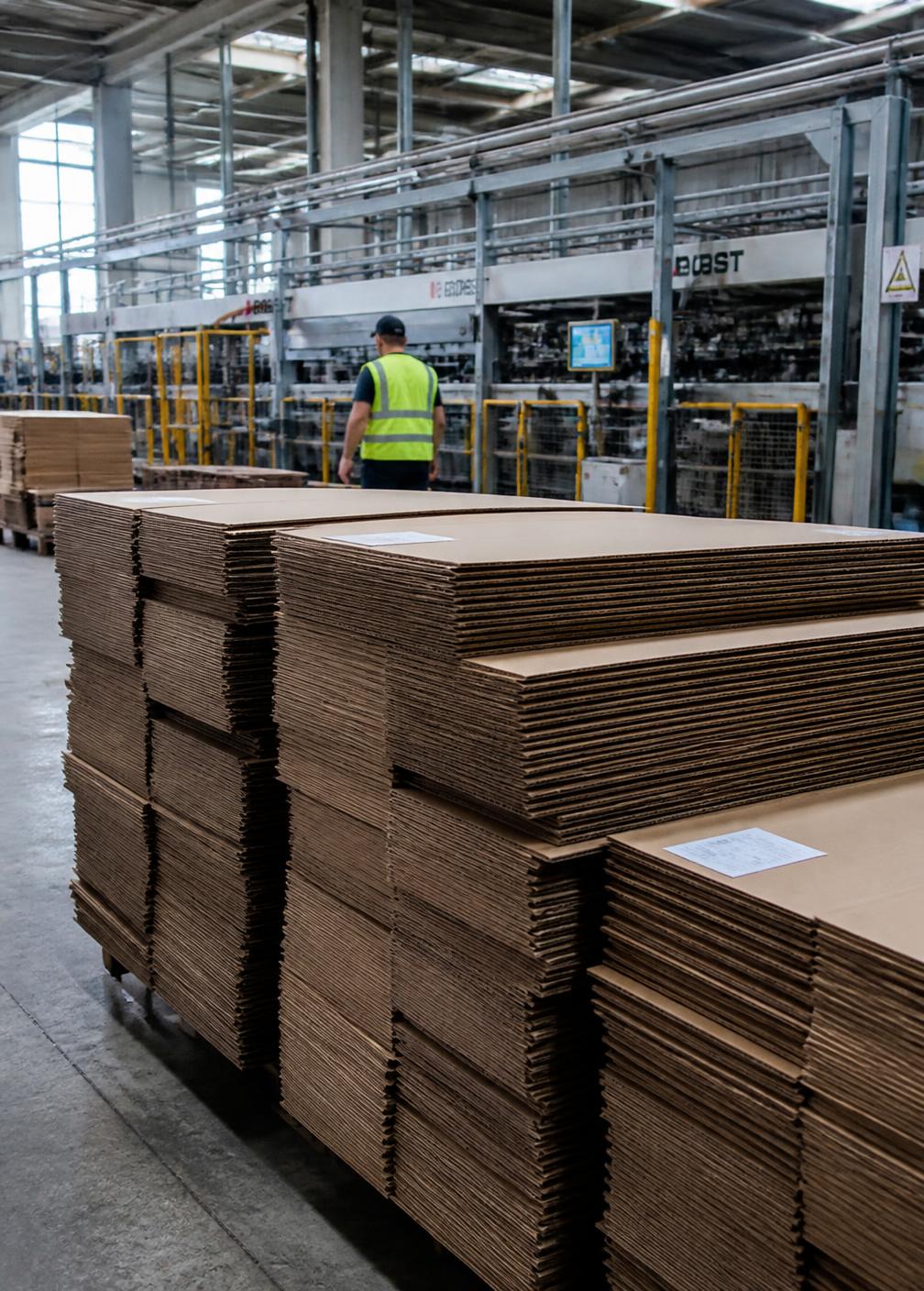 Pilhas de chapas de papelão ondulado no chão de fábrica