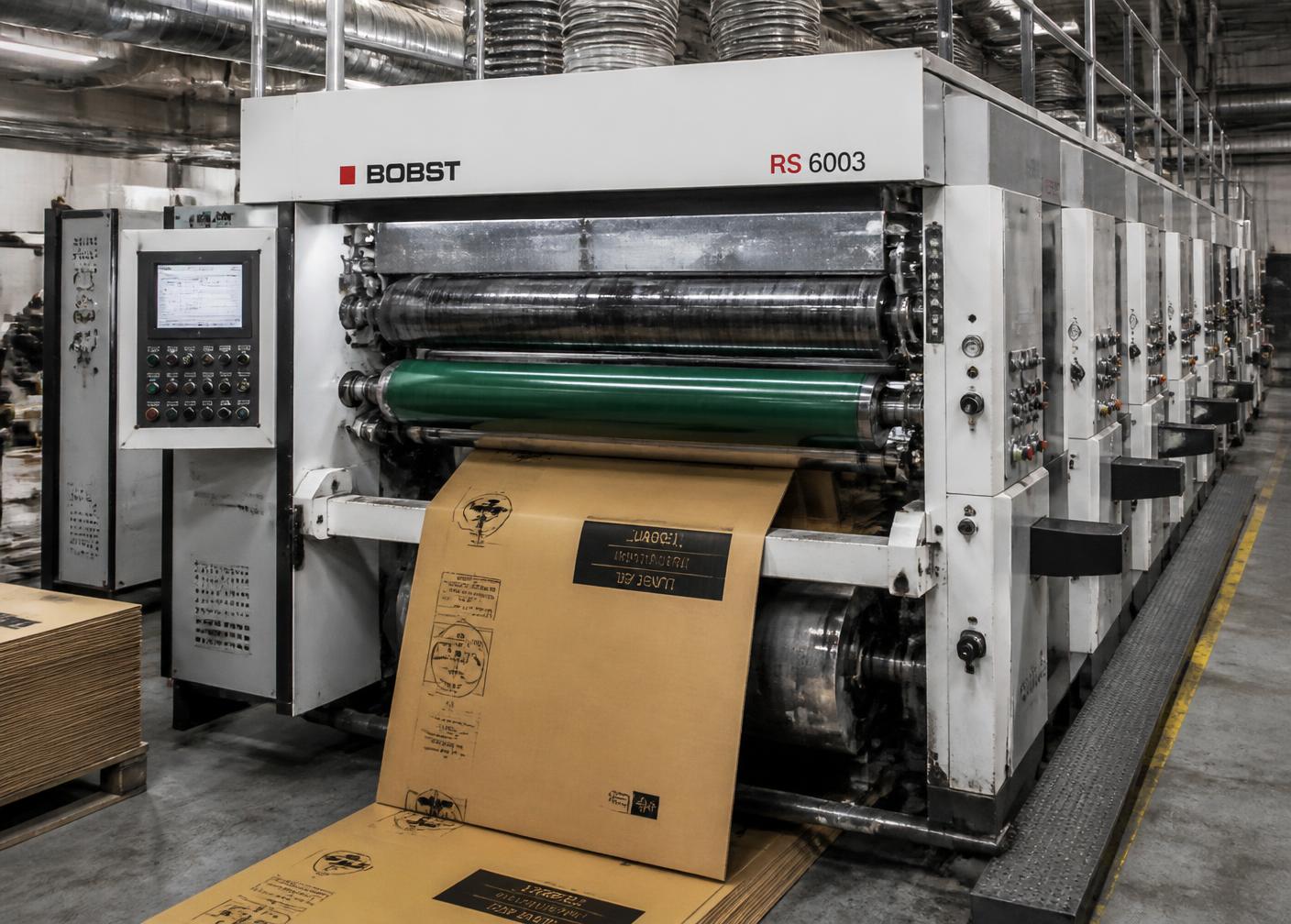 Impressora industrial aplicando arte em chapa de papelão ondulado
